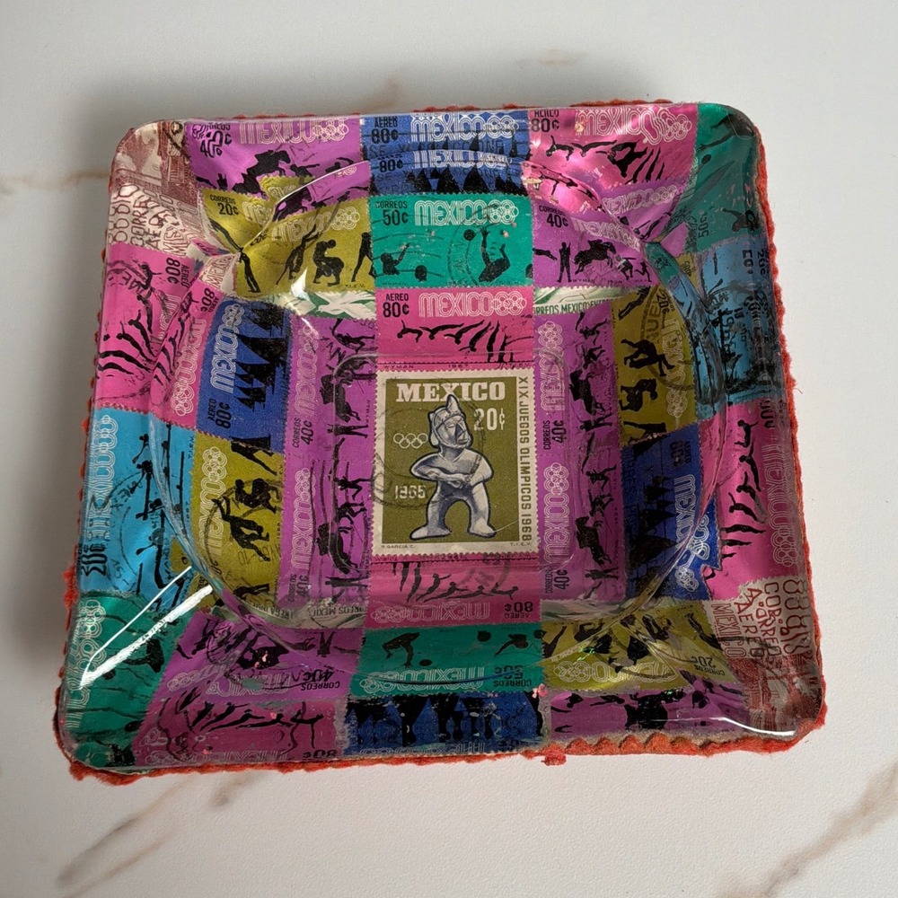 Vintage Mexico 1968 Olympics Glass Ashtray OS Multicolor Souvenir Stamp